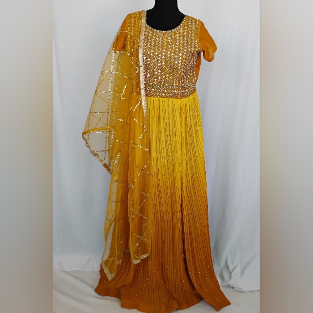 Elegant Mustard Women's Anarkali Crush Gown With Net Dupatta